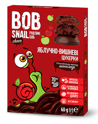 Натуральні Яблучно-Вишневі цукерки у чорному шоколаді, 60г SNAIL BOB