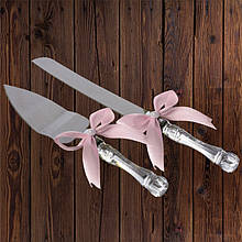 Набір ніж і лопатка для весільного торта (світло-рожевий колір)