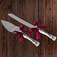 Набор нож и лопатка для свадебного торта (бордовый цвет)