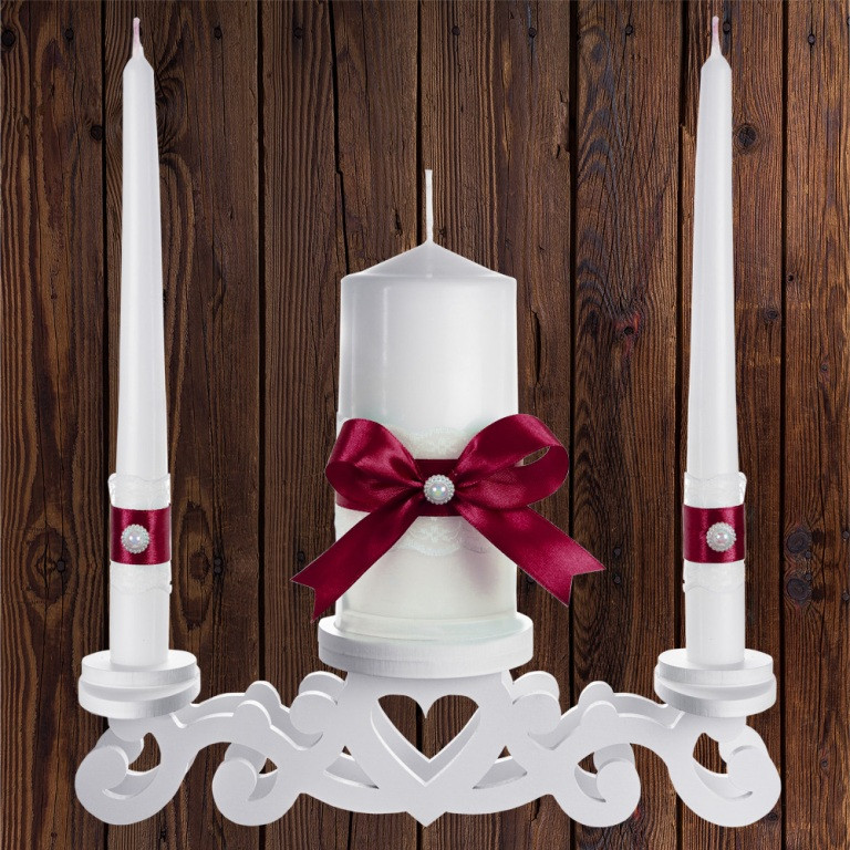 Набір весільних свічок "Сімейне вогнище" бордовий колір прикраси (арт. CAND-17)