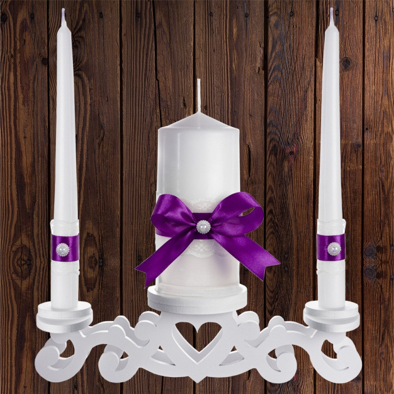 Набір весільних свічок "Сімейне вогнище" фіолетовий колір прикраси (арт. CAND-29)