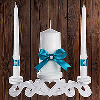 Набір весільних свічок "Сімейне вогнище" бірюзовий колір прикраси (арт. CAND-13)