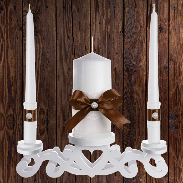 Набір весільних свічок "Сімейне вогнище" коричневий колір прикраси (арт. CAND-24)