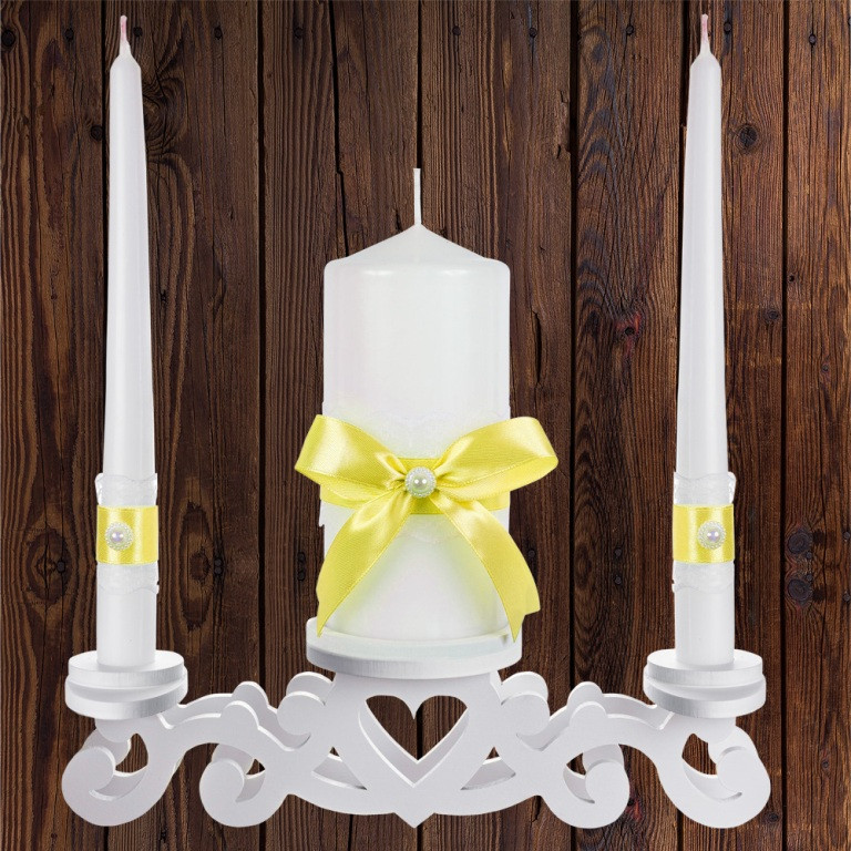 Набір весільних свічок "Сімейне вогнище" жовтий колір прикраси (арт. CAND-22)
