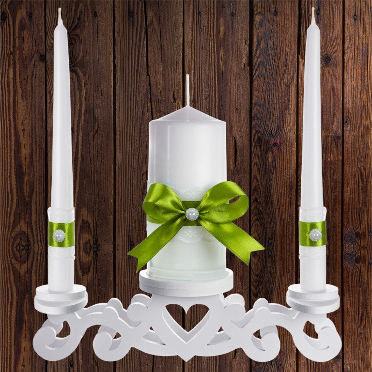 Набір весільних свічок "Сімейне вогнище" оливковий колір прикраси (арт. CAND-23)