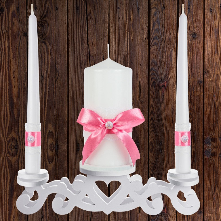 Набір весільних свічок "Сімейне вогнище" рожевий колір прикраси (арт. CAND-15)