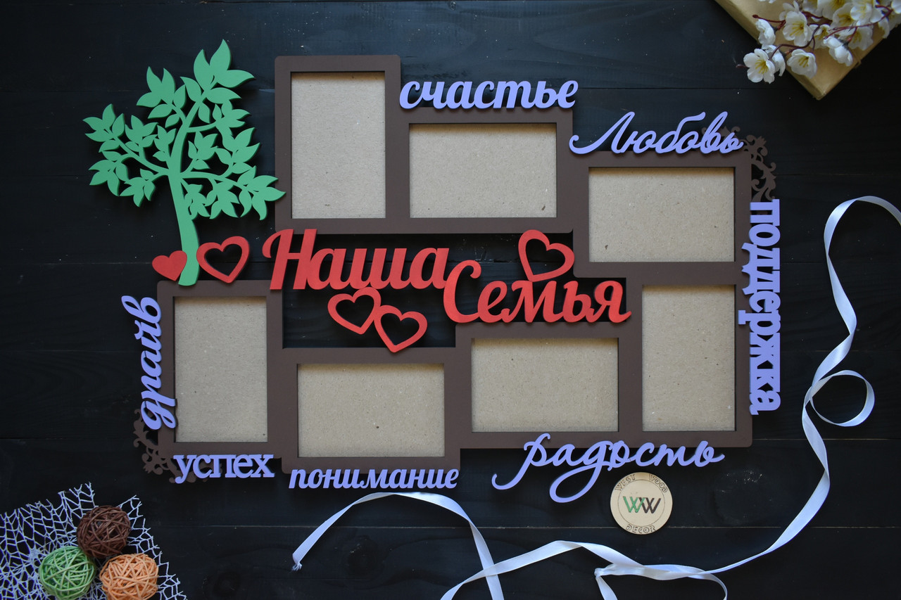 Фоторамка "Наша сім'я" з деревом і словами, кольорова фоторамка на 7 фото