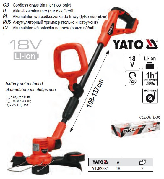 Газонокосарка акумуляторна YATO 18В Ø=25/30 см БЕЗ акумуляторА YT-82831