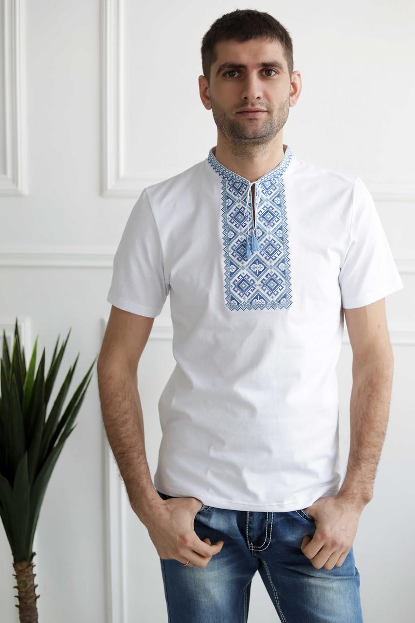 Модна чоловіча футболка на білій тканині з синіми нитками чф-17