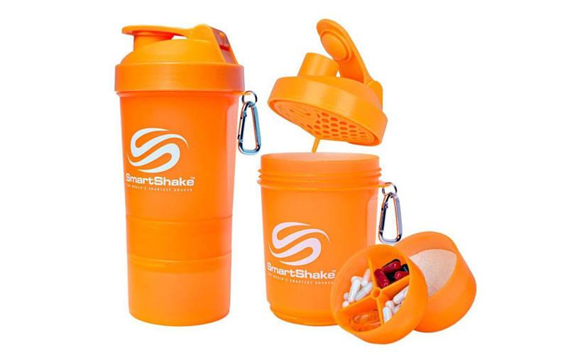 Шейкер 2-камерний для спортивного харчування SMART SHAKER SLIM 5053 600 мл Жовтогарячий, фото 1
