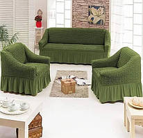 БАГАТО ВІДТІНКІВ! Набір чохлів для м'яких меблів на диван і 2 крісла з оборкою спідничкою зелений Туреччина