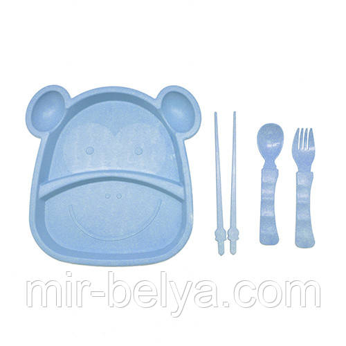 Посуд дитяча з пшеничного лушпиння"Бегемот" 4пр/наб (тарілка, виделка, ложка, палички) 21.5*20см, фото 1