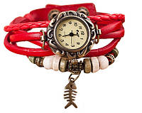 Женские часы с кожзам ремешком под старину с брелком "рыбка" Красный