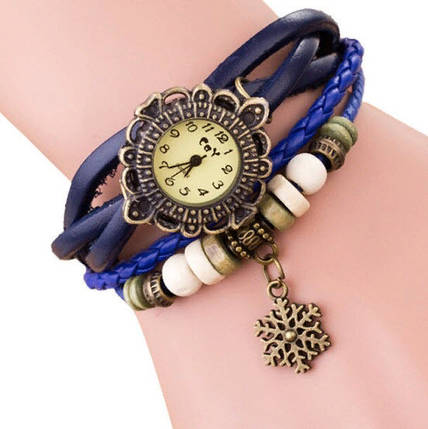 Жіночі годинники з кожзам ремінцем під старовину з брелоком "сніжинка" Синій, фото 2