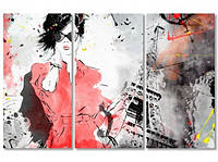 Модульная картина акварельная Француженка. Эйфелева башня. Париж. из трех частей. Премиум качество.