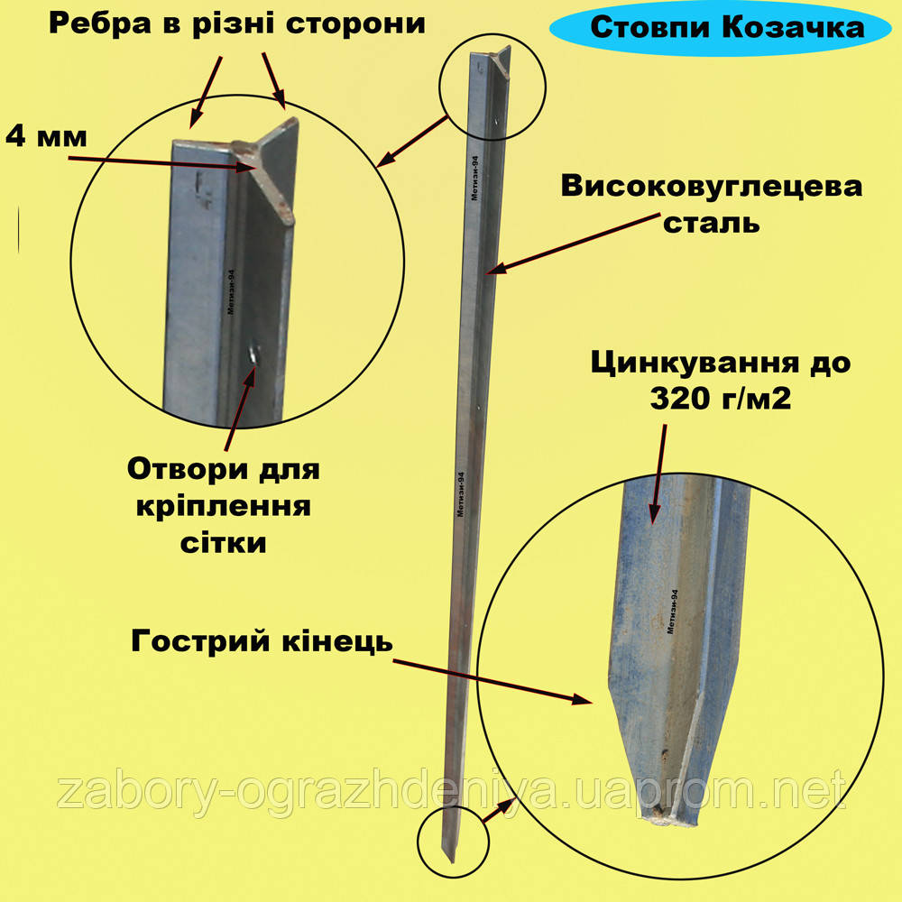 Стовп для огорожі металевий (h=2м; Zn=320 г/м2) У-перетин, ТМ Козачка
