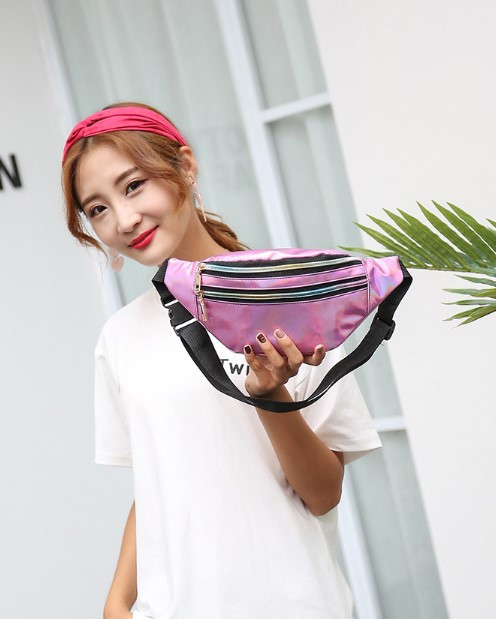 Сумка на пояс Бананка Голографічна Лазерна Галограма 2 замки ТОП ЯКІСТЬ Рожева