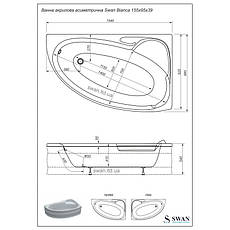 Ванна акрилова асиметрична Swan Bianca 155х95 права комплект, фото 3
