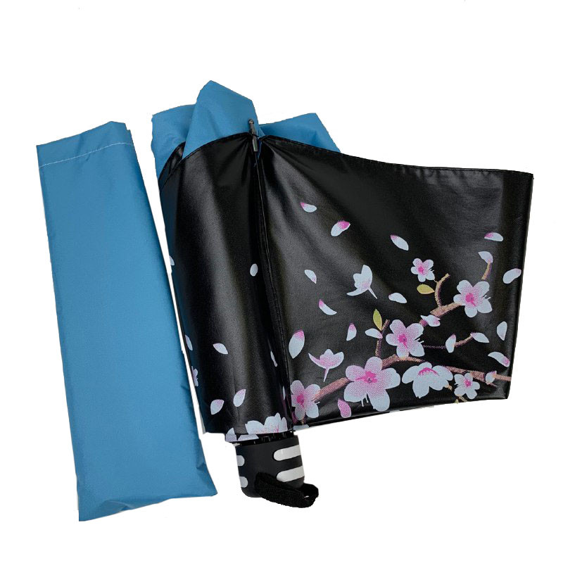 Механічна жіноча парасолька на три складання з принтом гілки сакури, блакитна, 08308-5, фото 1