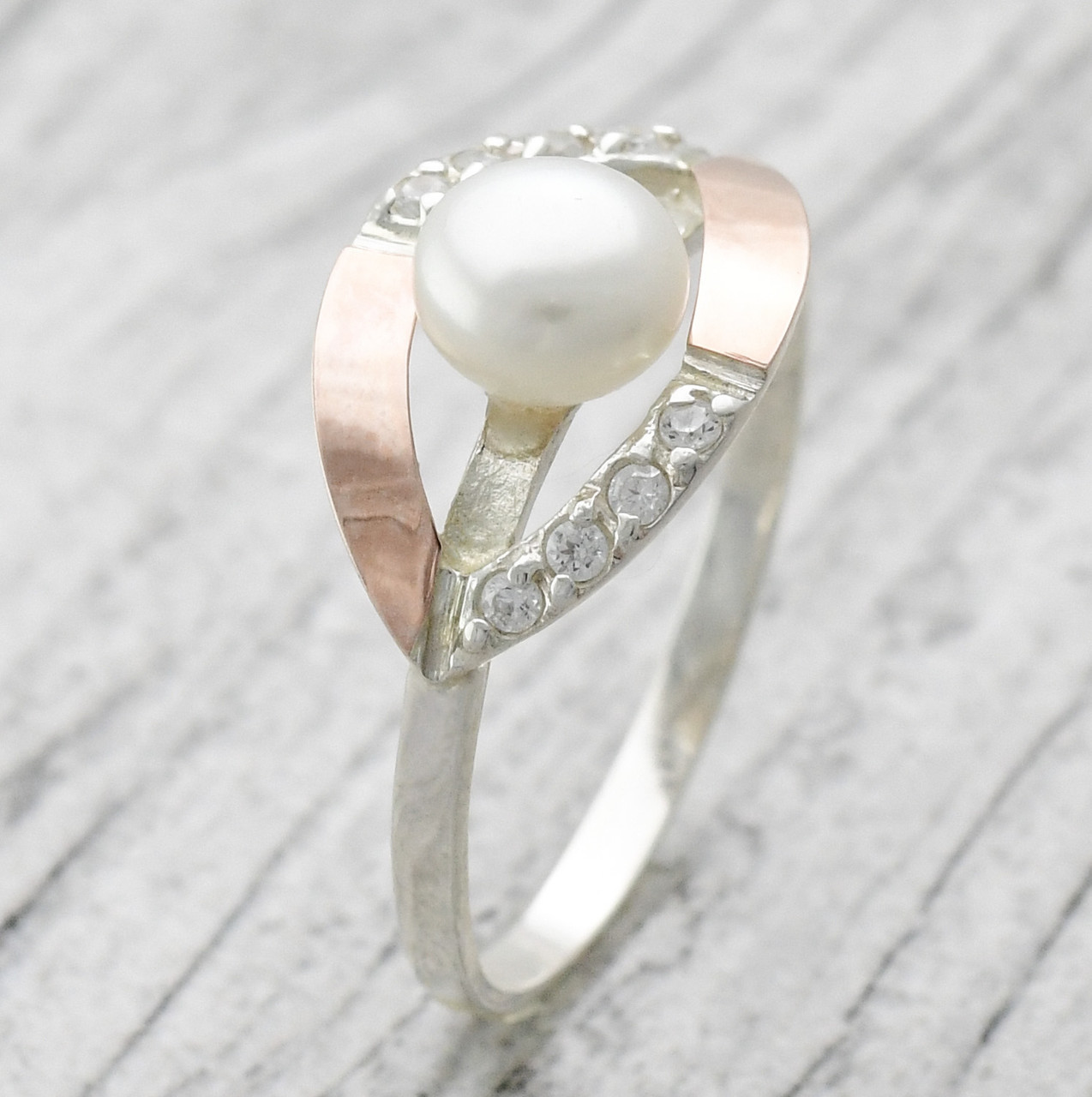 Срібна Каблучка з золотом Ракушка вставка штучні перли розмір 16, фото 1