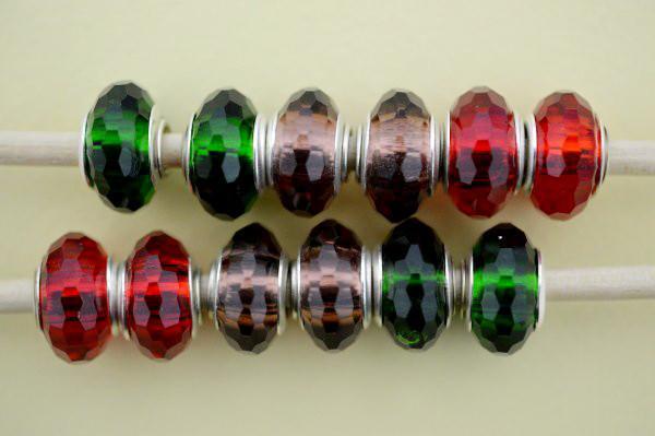 Бусини шарм-кристал, зелені, бежеві, червоні, 15х9 мм, 6 шт.