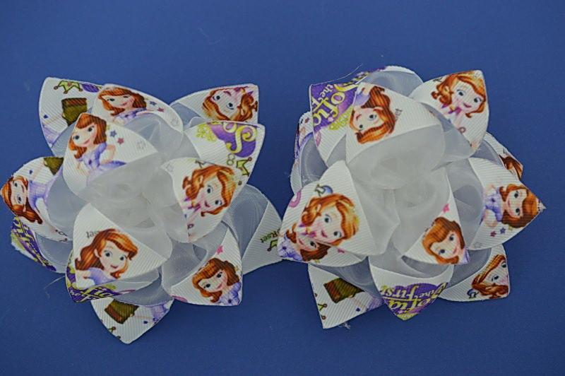 Бант на гумці 2 шт органза, білий із бузковою тасьмою "Принцеса Софія", діаметр 10 см, фото 1