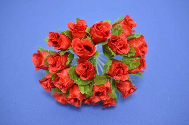 Квітка троянда, тканина, колір: червоний, розмір квітки: 20х15 мм, довжина ніжки 7 см (10 шт.)