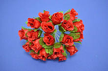 Квітка троянда, тканина, колір: червоний, розмір квітки: 20х15 мм, довжина ніжки 7 см (10 шт)