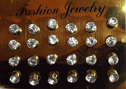 Сережки-пусети 12 пар білі стрази 5 мм