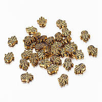 Бусини, "Рука Хамси", плоскі, металеві, колір античне золото, розмір 12х10х4 мм, УТ10015258 (10 шт.)
