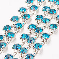 Ланцюг зі стразами 2 мм/1,1 м латунь колір срібло, стрази блакитний циркон УТ0029097