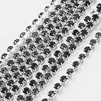 Ланцюг зі стразами латунь 2,6 мм/1,1 м колір срібло стрази чорні УТ10017862