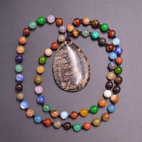 Кулон на бушах, натуральний камінь мікс, довжина бус 65 см