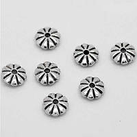 Бусини-розділювачі квітка, металеві, колір-античне срібло, розмір 8х2 мм, 45 шт.