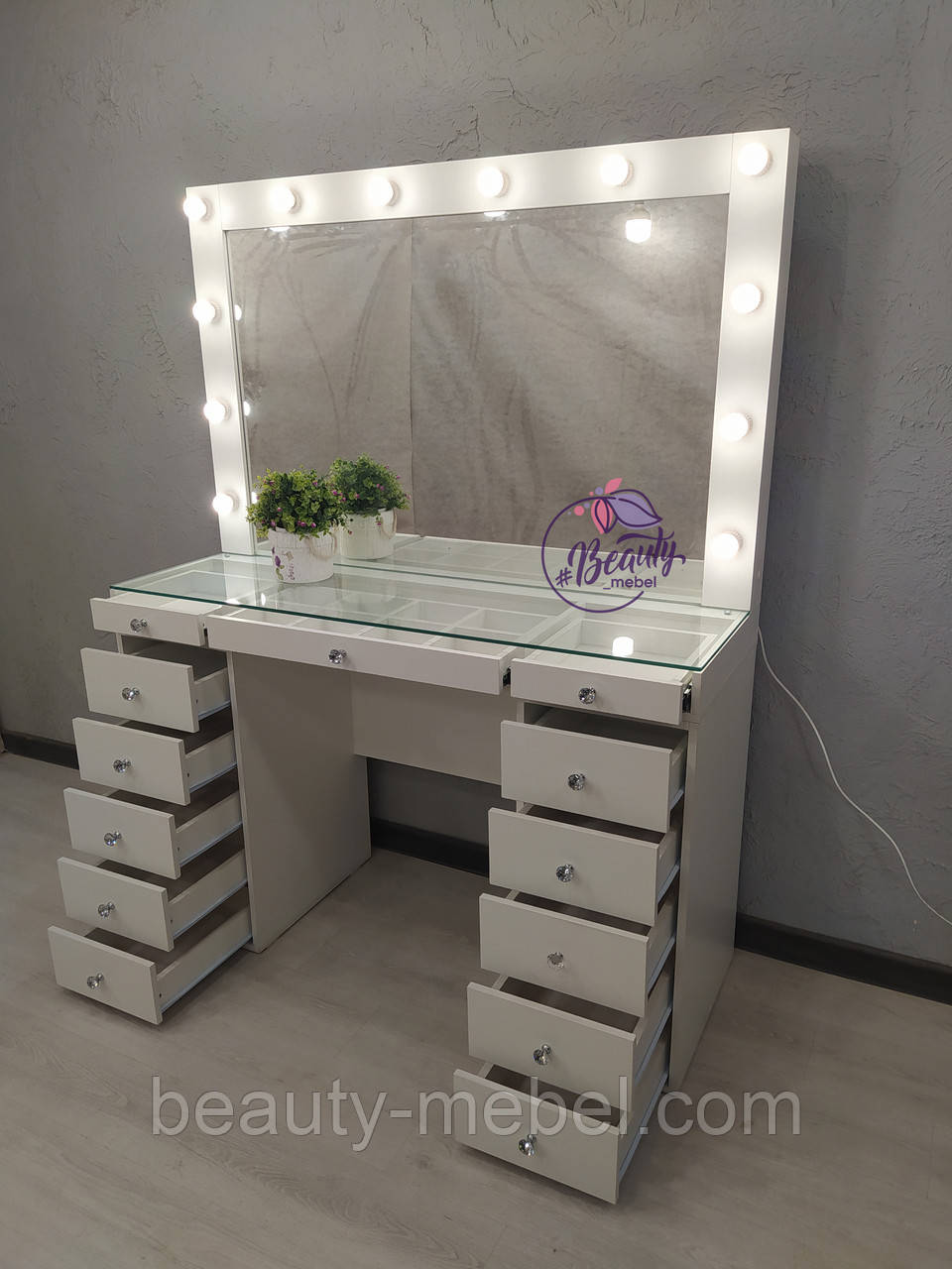 Стіл для візажиста з гримувальних дзеркалом зі стільницею-вітриною, колір - білий, фото 1