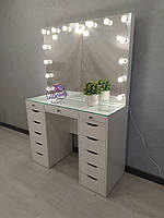 Стіл для візажиста з гримувальних дзеркалом зі стільницею-вітриною, гримерный стіл, колір - білий