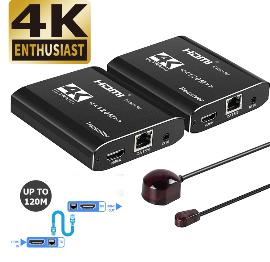 HDMI подовжувач 120m 4K ІЧ-передавач RJ45 з петлею каскаду подовжувач Cat6 для PS4 монітора телевізора, фото 1