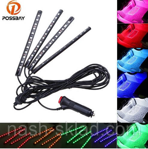 🚇 🔊 Кольорове підсвічування для авто RGB 12 led режим світло музики