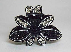 Краб для волосся металевий, чорний, чорні та білі стрази, розмір 5х3,5 см