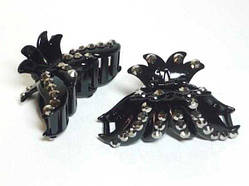 Шпилька для волосся краб 9х4 см чорний пластик сірі стрази