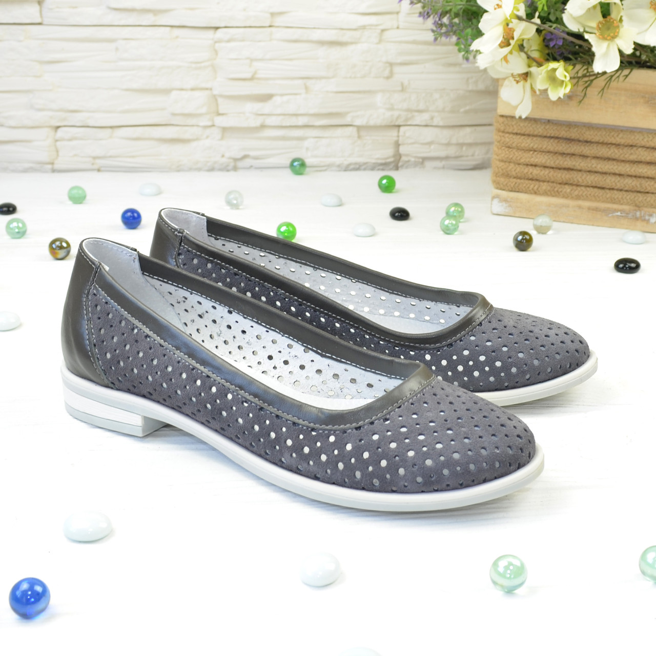 Балетки об'єднані з натуральної шкіри та замші на низькому ходу, колір сірий, фото 1