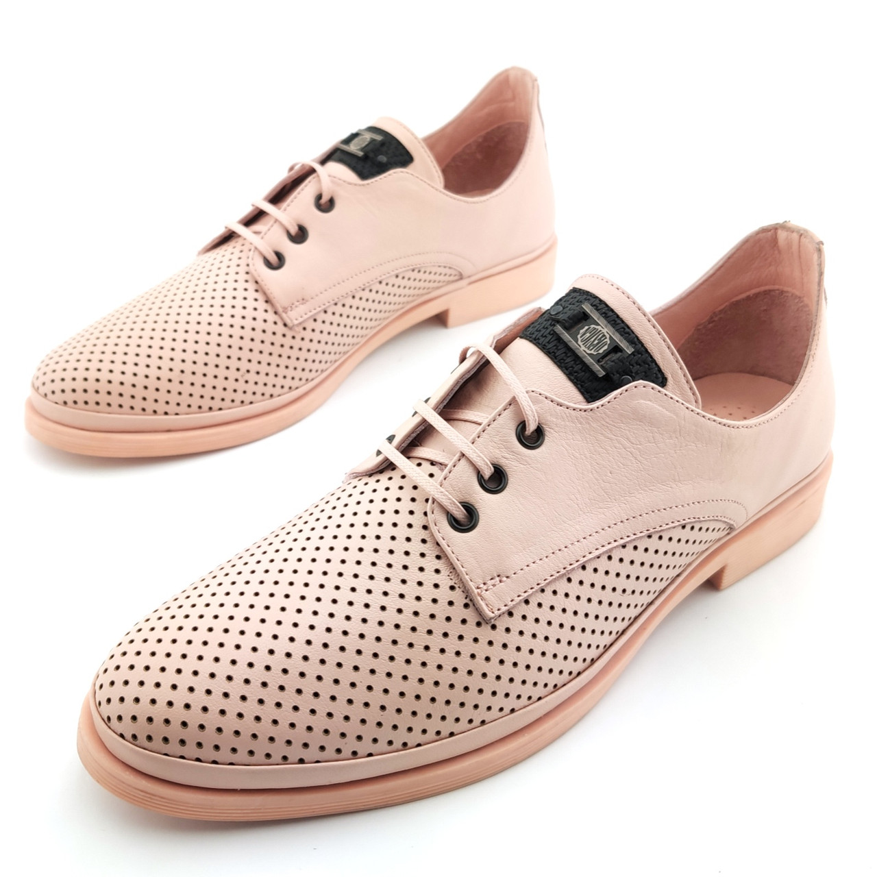 Туфли Evromoda кожаные с перфорацией на шнуровке большие размеры розовые - фото 2 - id-p1146155842