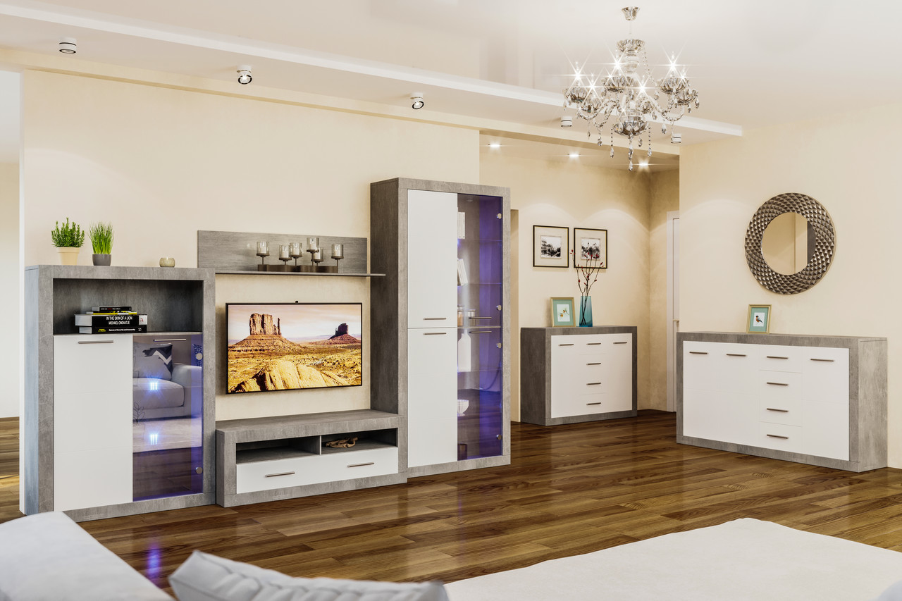 Модульна система для вітальні в сучасному стилі Омега Світ меблів, колір індастріал / білий