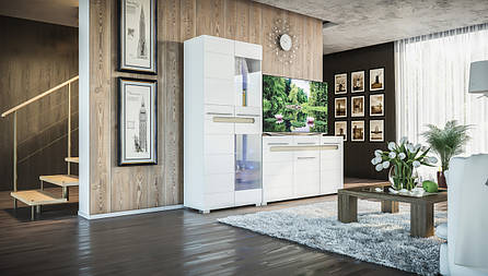 Модульна система для вітальні в сучасному стилі  Б'янко Світ меблів, колір білий, дуб сонома, фото 2