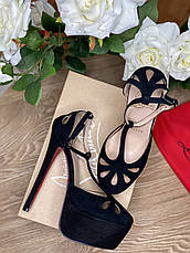 Жіночі чорні замшеві босоніжки на платформі з підбором Louboutin Amyada 16 см Лабутини туфлі, фото 6