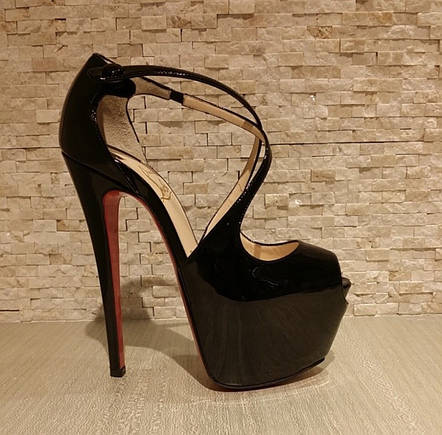 Жіночі чорні лакові босоніжки на платформі Louboutin Exagona 16 см лабутини туфлі для танців лабутин, фото 1