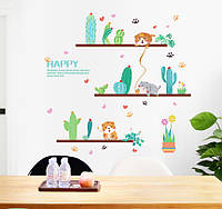 3D интерьерные виниловые наклейки на стены Кактусы - Цветы - Растения с Котиками 70-50 см в детскую №5 .Обои
