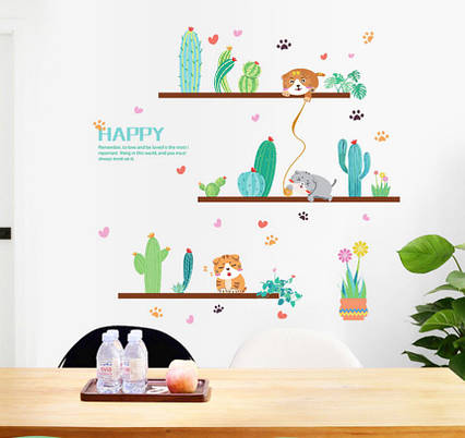 3D інтер'єрні вінілові наклейки на стіни Кактуси — Квіти — Рослини з Котиками 70-50 см у дитячу No5.Обої