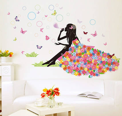 3D інтер'єрні вінілові наклейки на стіни "Фея з метеликами та бульбашками" 90-60 см у дитячу. Декор