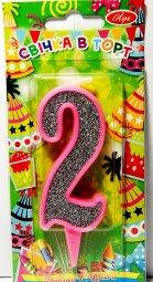 Свічка "2" в торт цифра в контурі, рожева, Свеча в торт цифра "2"